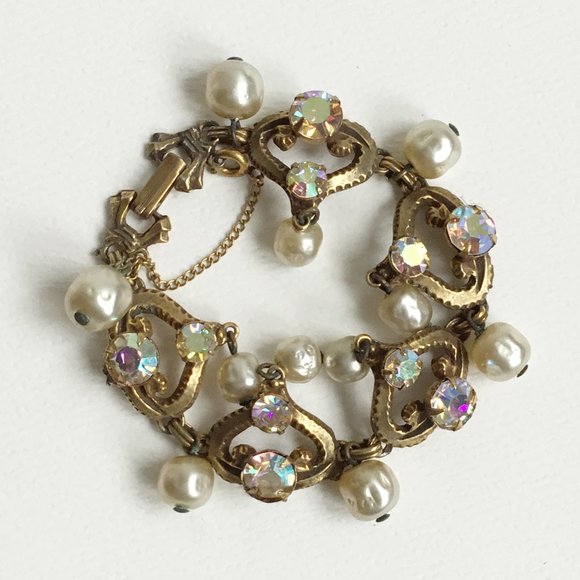 Vintage Faux Baroque Pearl Dangle & Prong Set AB Rhinestone Link Bracelet - Picture 2 of 6